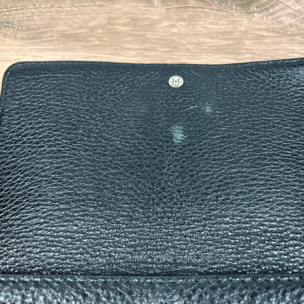 Michael Kors Continental Fulton Flap Wallet Black Pebbled Leather Silver Logo - Picture 8 of 10